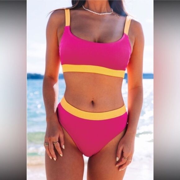 NWOT- HOT PINK & ORANGE-HIGH WAIST COLOR BLOCK BIKINI - Picture 1 of 8